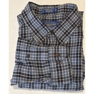 Vtg Pendleton Mens XL Button Down Shirt Blue Plaid Pima Cotton Merino Wool